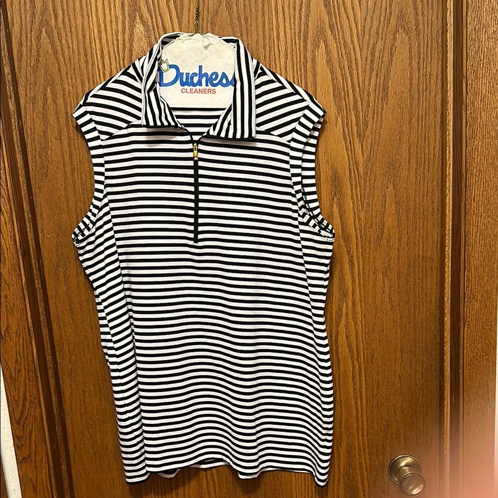 Black and White Striped Sleeveless Polo Top